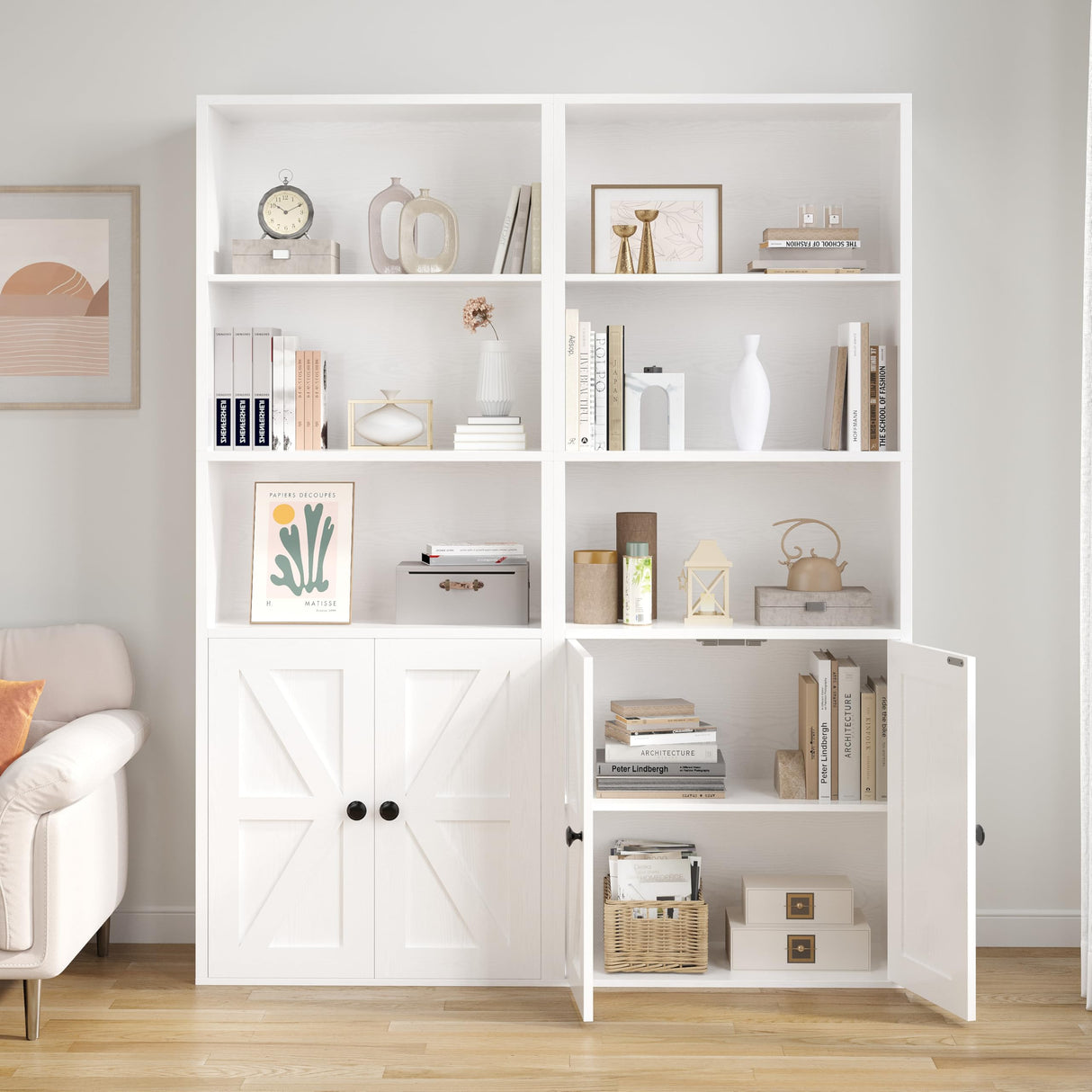 IRONCK Modern Bookshelf with Storage, 5-Tier Farmhouse Bookcase, Storage Cabinet for Home Office, Living Room, White IRONCK