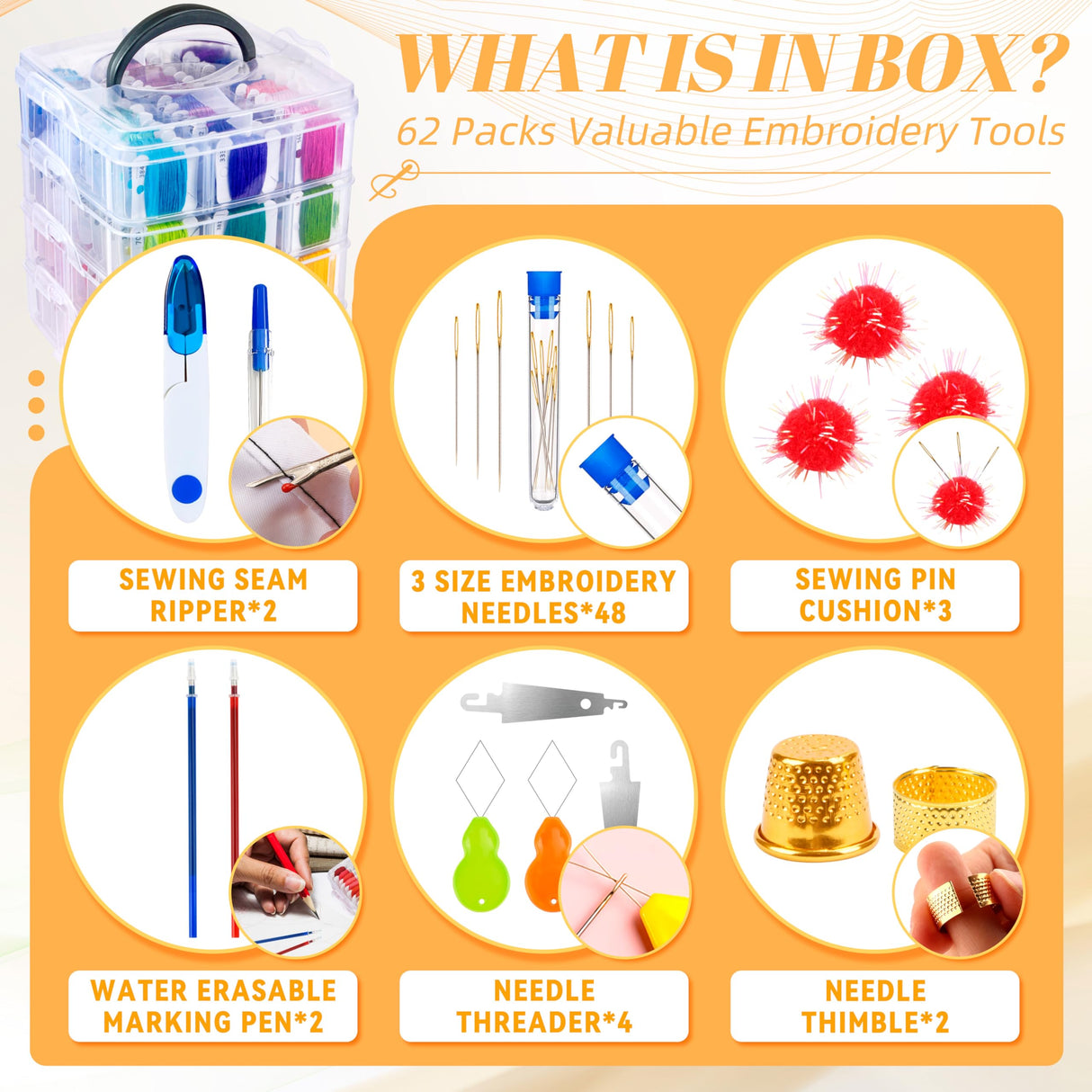 262 Pack Embroidery Thread Floss Kit Including 200 Colors 8 M/Pcs Cross Stitch Sewing Thread with Floss Bins and 62 Pcs Cross Stitch Tool,4-Tier Transparent Storage Box BYMORE