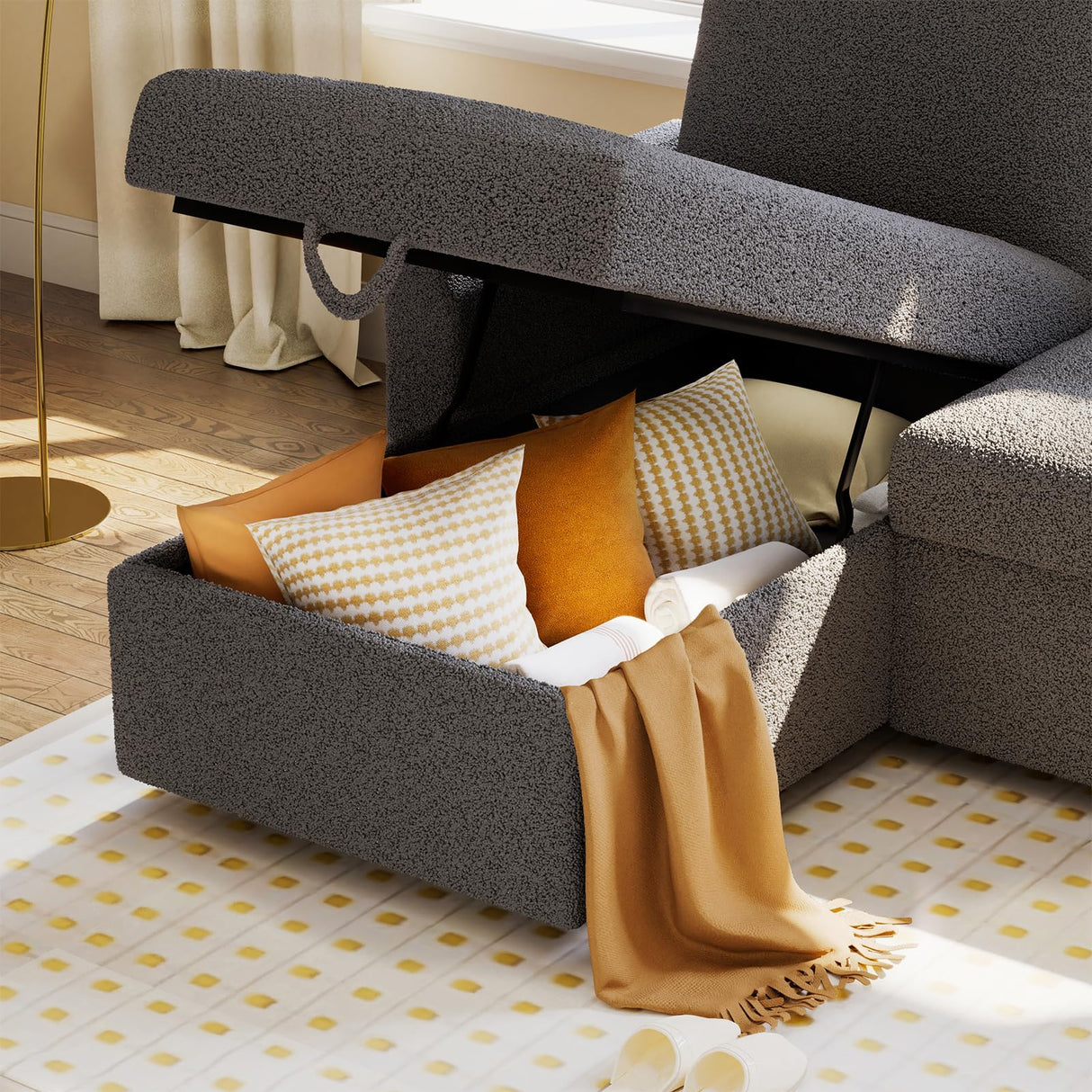 VanAcc Sofa Bed, Sleeper Sofa with Storage Chaise- 2 in 1 Pull Out Couch Living Room, Comfy Sleeper Couch, Grey Boucle VanAcc