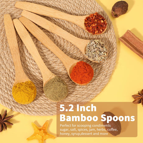 5.2 Inch Bamboo Spoons, Small Wooden Spoons for Condiments, Spices, Sugar, Salt, Jam, Coffee, Hrbs and Honey, Tiny wood Teaspoons for Serving Kitchen (5 PCS) aerzip