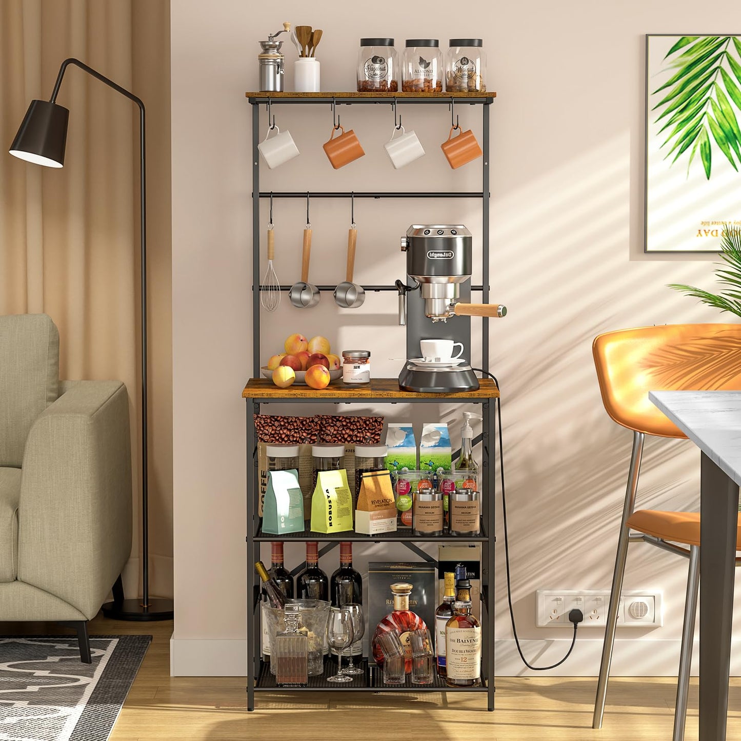 4 Tier Coffee Bar Station, Coffee Stand with 8 S-Shaped Hooks, Large Space Coffee Station Table, Farmhouse Coffee Bar Shelf, Bakers Rack for for Kitchen, Living Room, 24.41" W x 15.78" D x 57.17" H