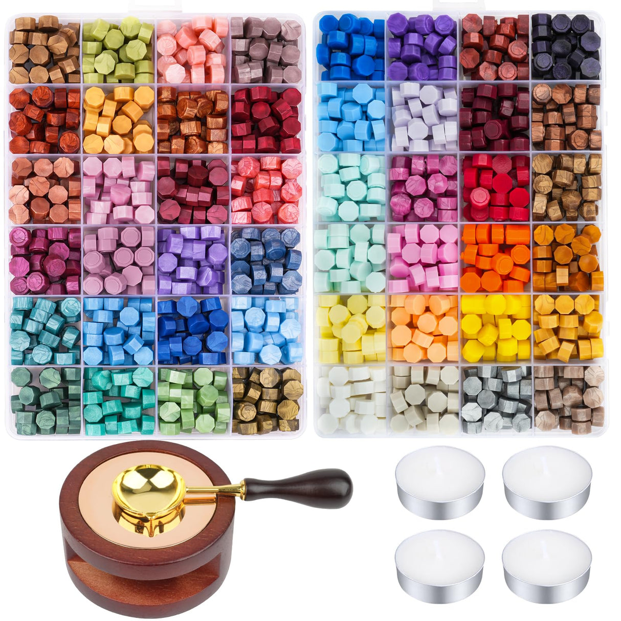 Aottom Wax Seal Kit, 48 Colors 1248 Pcs Sealing Beads with Melting Pot, Spoon, Tea Light Candles, Wax Seal Stamp Kit for Wedding Invitation, Gifts, Envelope, Letter Stamp Sealing and DIY Craft Aottom