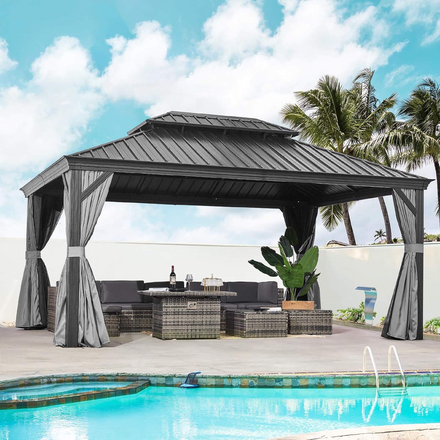 Aoxun 12' x 16' Permanent Hardtop Gazebo with Galvanized Steel Double Roof and Aluminum Frames Outdoor Large Pavilion Gazebo for Patio Deck Garden, Nettings and Curtains Included, Brown - WoodArtSupply