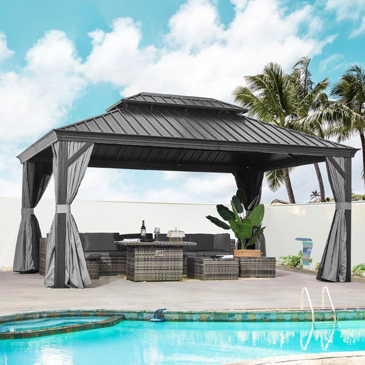 Aoxun 12' x 16' Permanent Hardtop Gazebo with Galvanized Steel Double Roof and Aluminum Frames Outdoor Large Pavilion Gazebo for Patio Deck Garden, Nettings and Curtains Included, Brown