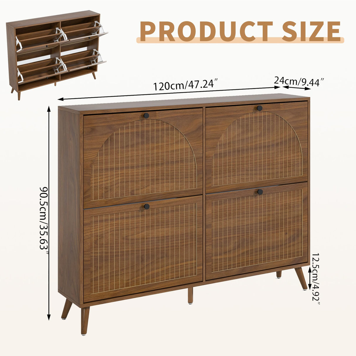 Fsbecl Shoe Storage Cabinet for Entryway with 4 Flip Drawers, Narrow Shoe Organizer with Fluted Panel, Freestanding Wood Hidden Shoe Cabinet for Foyer, Hallway (Walnut, 4 Flip Drawers) Fsbecl