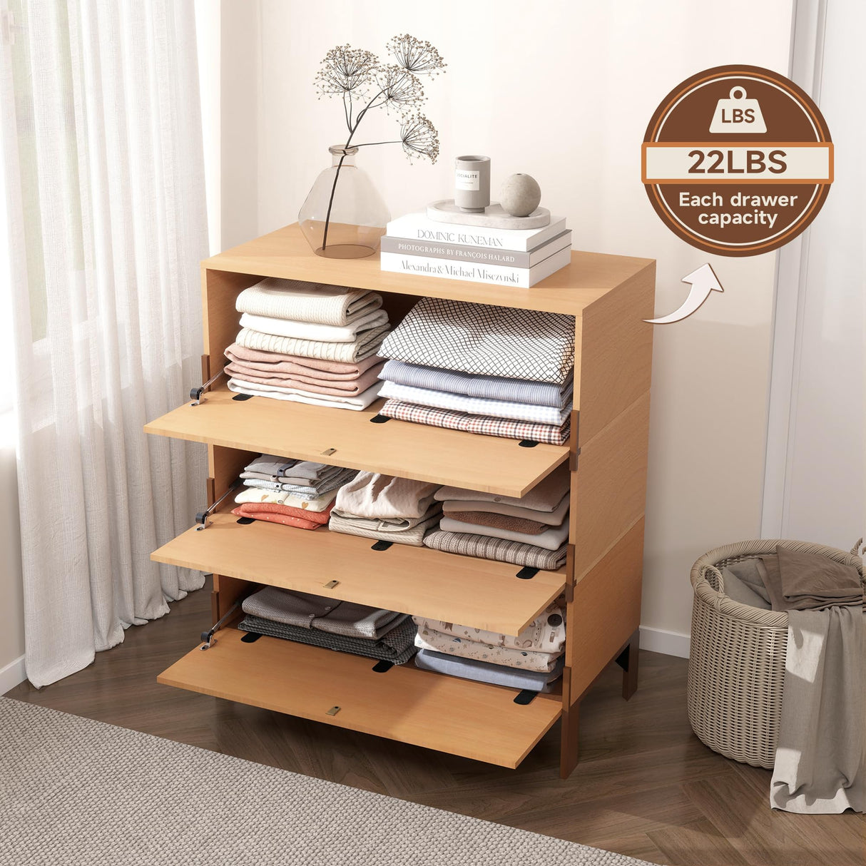 WHOOSPEREH Stackable 3 Drawers Dresser, Customizable Chest of Drawers for Bedroom, Living Room, Closet, Easy Assembly Wood Furnitures Cabinet, 30 inch Width Beech and Basswood Color Combo WHOOSPEREH