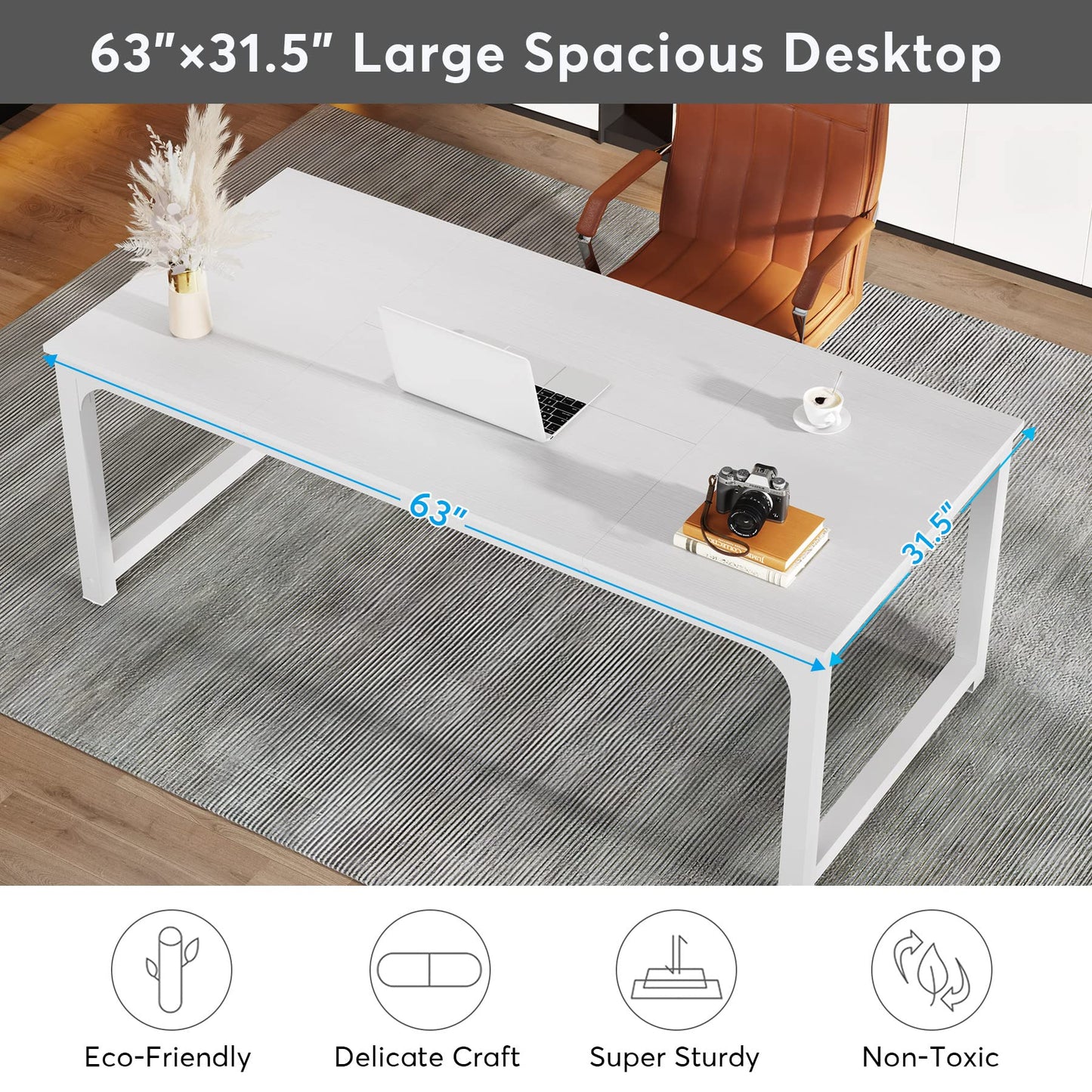 Tribesigns Modern Computer Desk, 63 x 31.5 inch Large Executive Office Desk Computer Table Study Writing Desk Workstation for Home Office, Spliced Desktop, White - WoodArtSupply