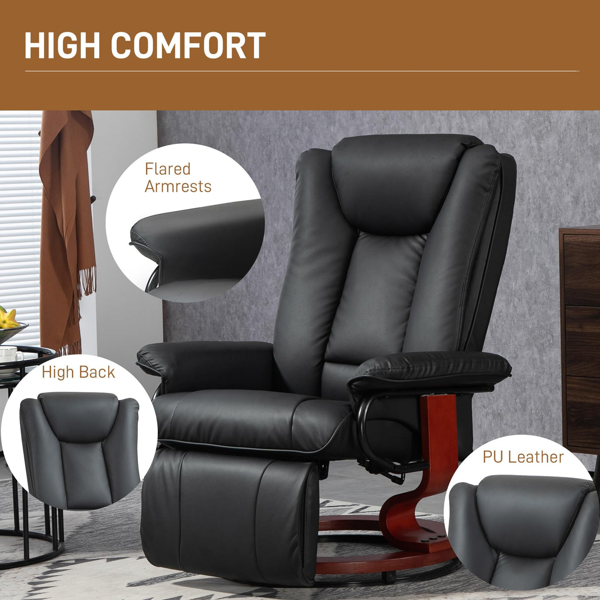 HOMCOM Manual Swivel Recliner Chair, PU Leather Reclining Chair with Footrest for Living Room, Black HOMCOM