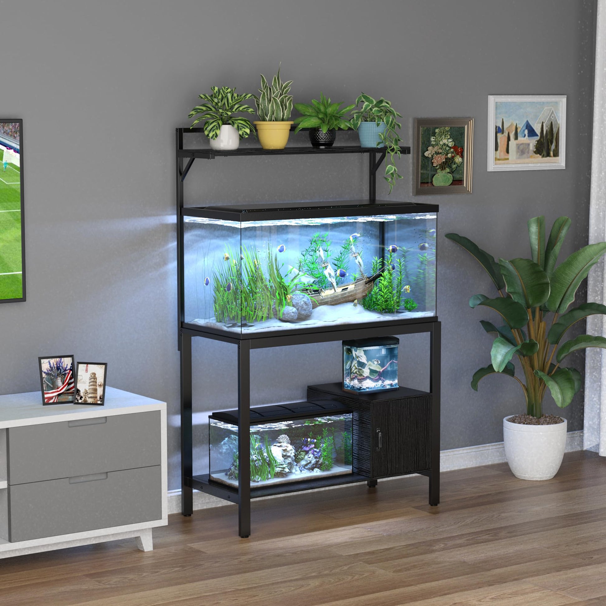 GDLF 40-50 Gallon Fish Tank Stand with Plant Shelf Metal Aquarium Stand with Cubby Storage 36.6" x 18.5" Tabletop fits Aquarium,Turtle Tank,or Reptile Terrariums - WoodArtSupply