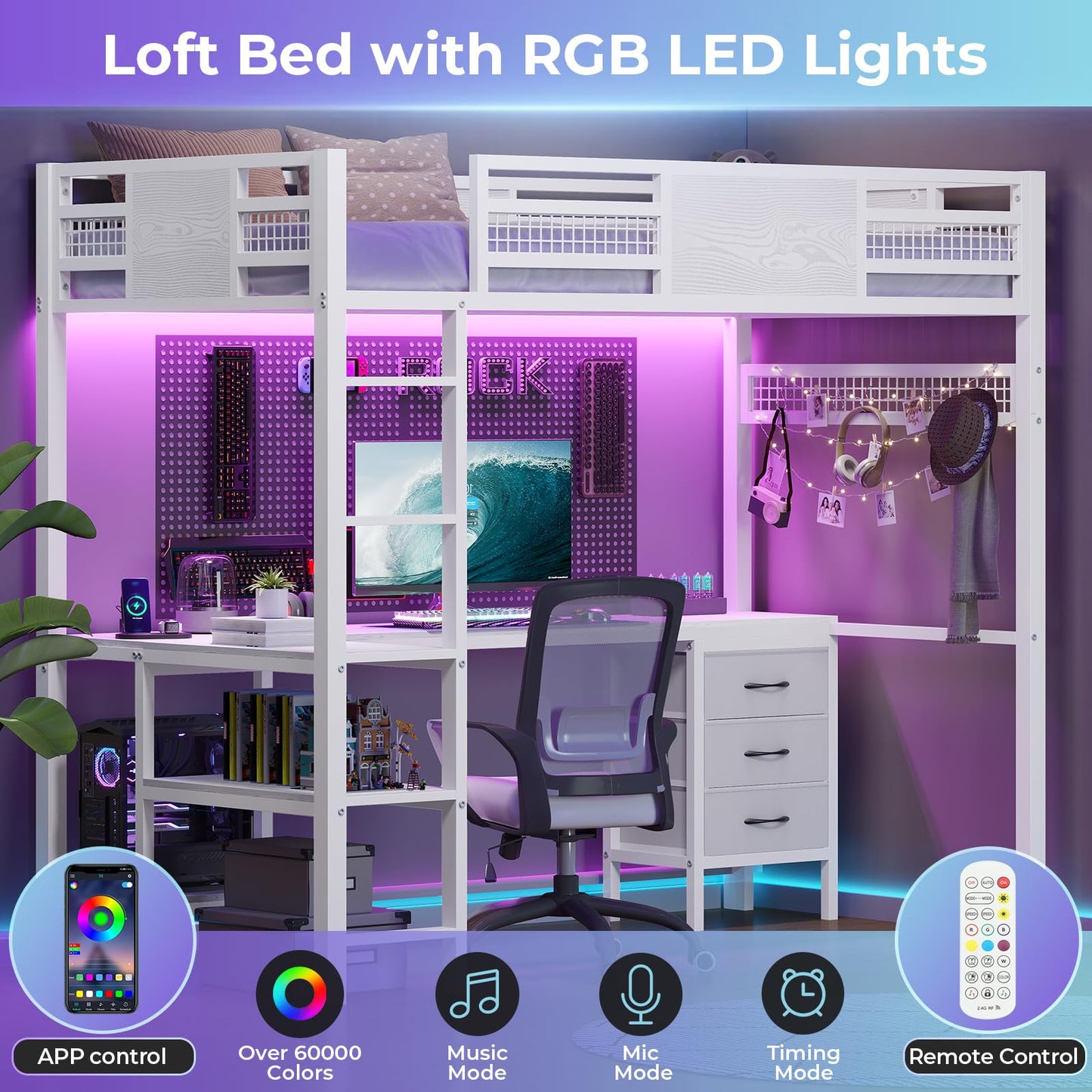 BTHFST Twin Loft Bed with L-Shaped Desk, LED Lights, Charging Station & Storage Solutions - WoodArtSupply