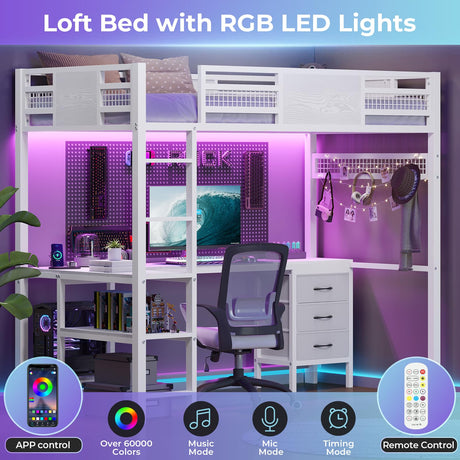 BTHFST Twin Loft Bed with L-Shaped Desk, LED Lights, Charging Station & Storage Solutions BTHFST