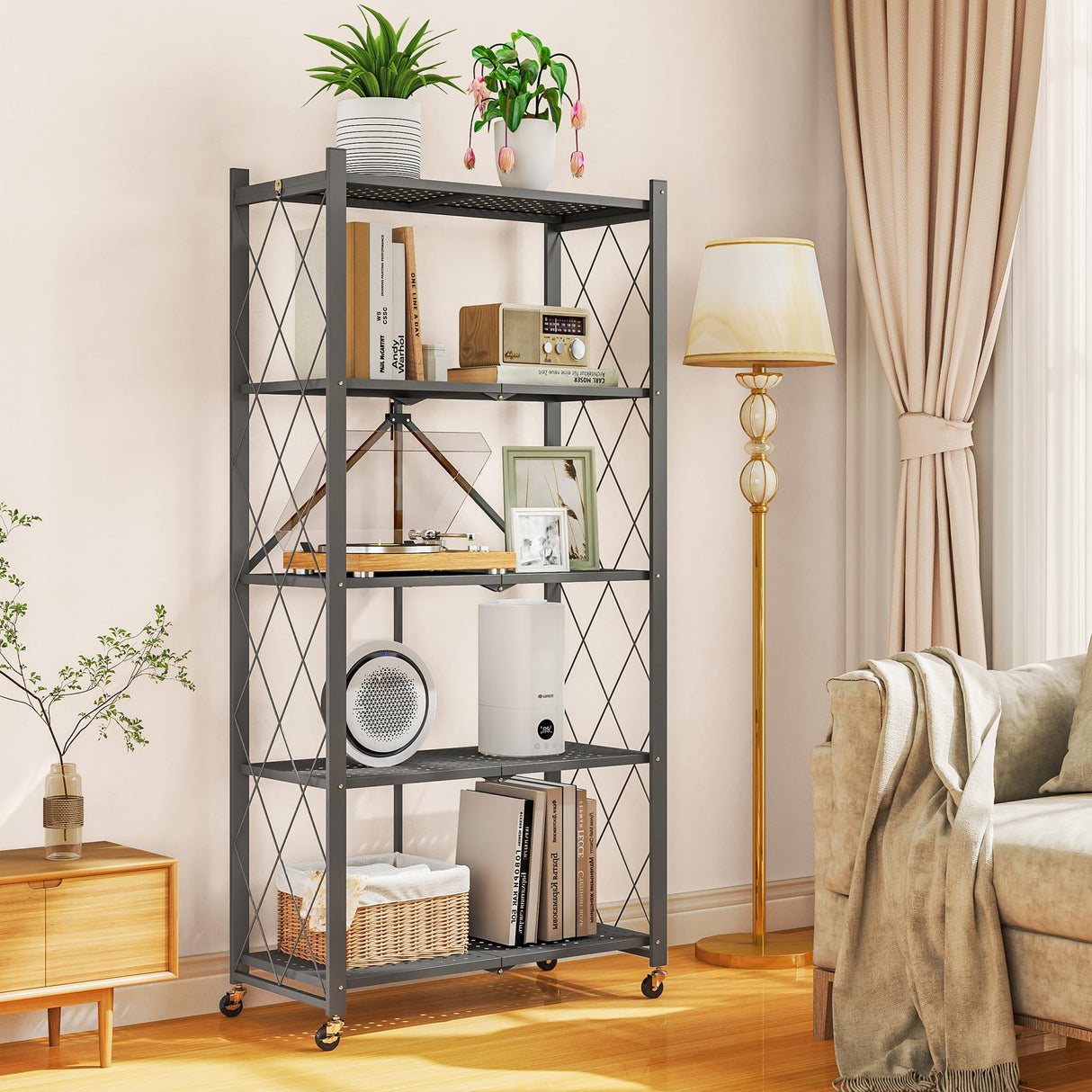 LUCKPRO 5-Tier Folding Metal Storage Rack - 63" Heavy-Duty Steel Frame with Wheels, No Assembly Utility Organizer, Rolling Shelving Unit for Kitchen, Garage, Pantry, Bedroom (Gray, 5 Tier) LUCKPRO