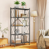 LUCKPRO 5-Tier Folding Metal Storage Rack - 63" Heavy-Duty Steel Frame with Wheels, No Assembly Utility Organizer, Rolling Shelving Unit for Kitchen, Garage, Pantry, Bedroom (Gray, 5 Tier) LUCKPRO