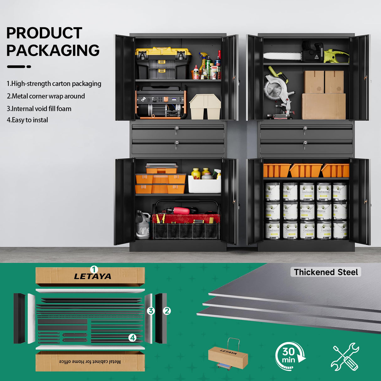 Letaya Metal Garage Storage Cabinet,71" Heavy Duty Steel Cabinet Tool Cabinet with 4 Door Lock-Adjustable Shelves and 2 Drawer for Garage Home Office Utility Room (Black) Letaya