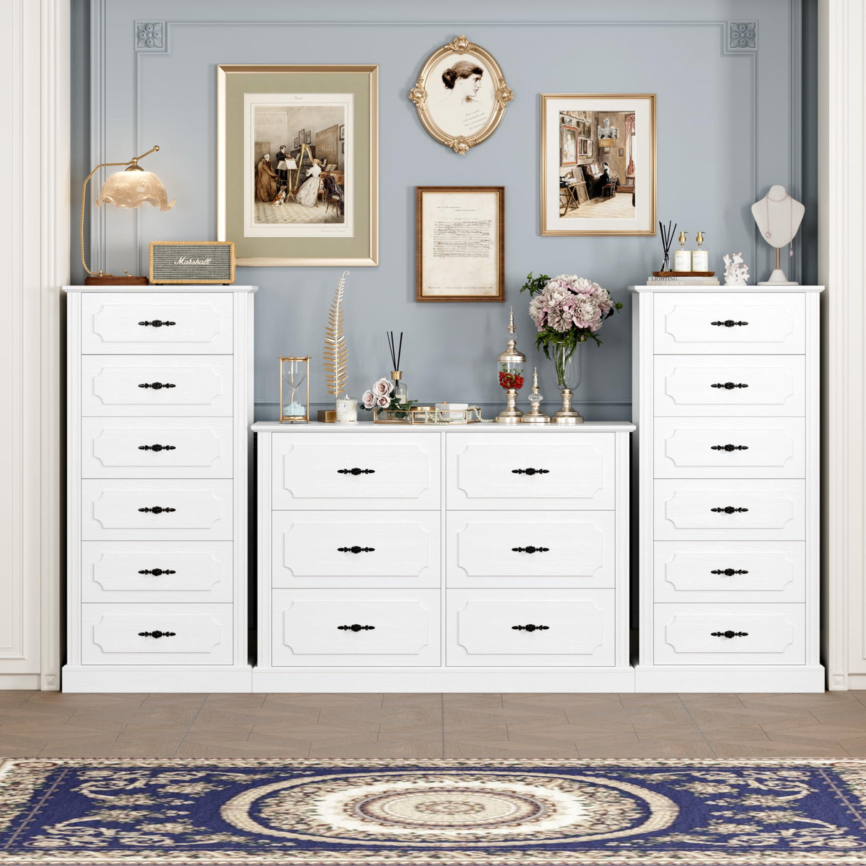 finetones White Dresser 6 Drawer, 47.2'' White Dresser Chest of Drawers, Farmhouse Wide Dresser White Chest of Drawers with Designed Drawer Surfaces, 6 Drawer Dresser Storage Organizer finetones