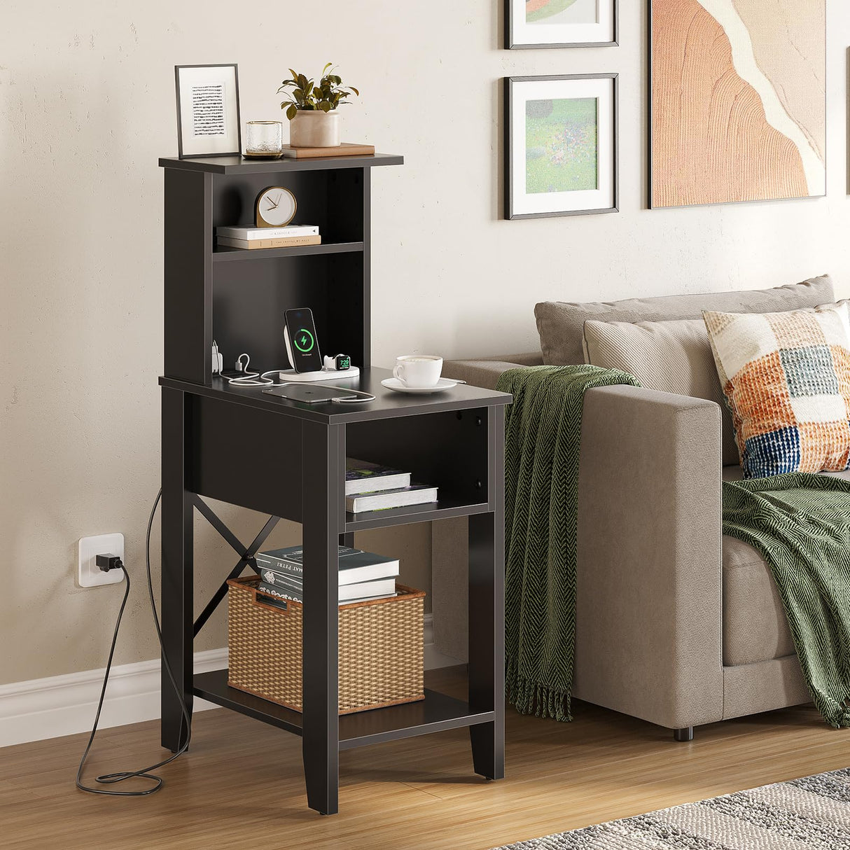 Bestier Tall Nightstand with Charging Station Set of 2, Bedside Table with Storage Cabinet & Shelves, Tall Side End Table for Bedroom, Black Bestier