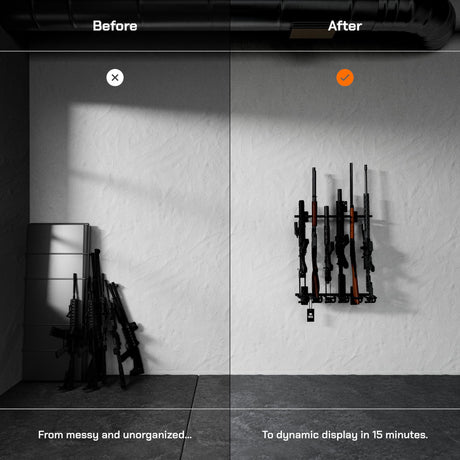 Hold Up Displays Gun Rack Wall Mount, Vertical Gun Rack, Rifle Rack, Holds 6 Shotguns, Rifles, & More, Heavy Duty Steel Indoor Gun Rack, Home Gun Storage Solutions - Made in The USA Hold Up Displays