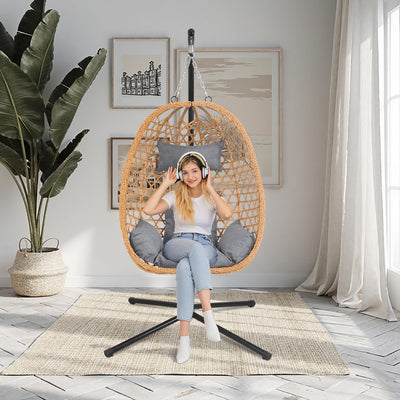 Hoffeorrad Hanging Egg Chair with Stand & Cushions - All-Weather Rattan Swing Chair for Patio, Balcony, Garden (Modern Boho Design, Ready-to-Use Indoor Outdoor)
