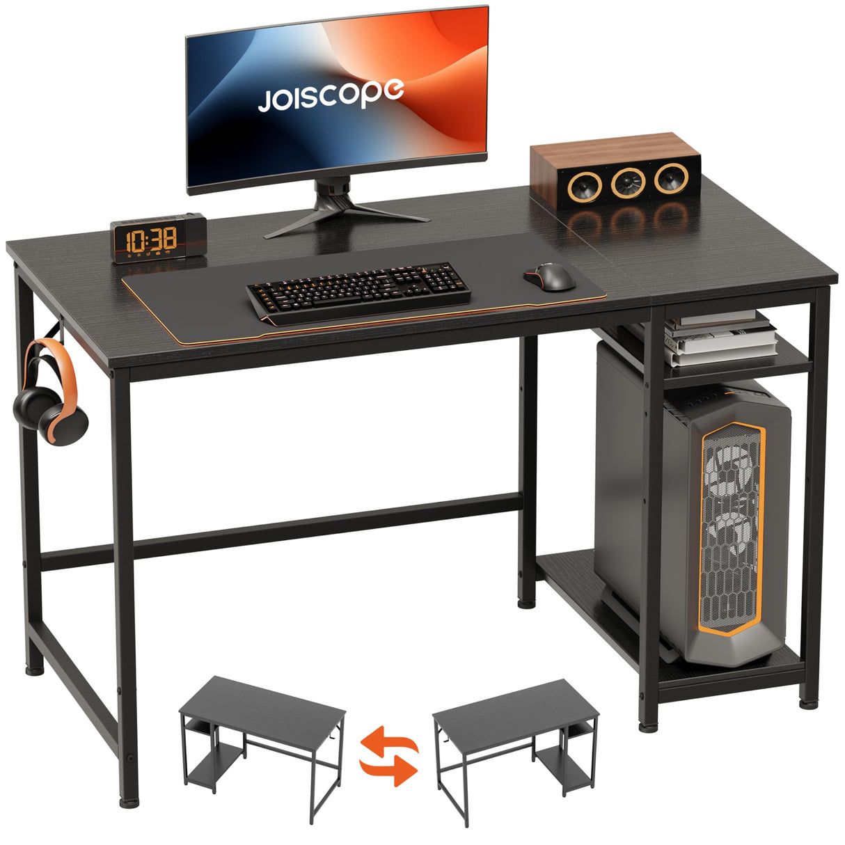JOISCOPE Home Office Desk with Double Reversible Side Shelves and Headphone Hooks, Small Computer Desk for Working, Gaming, Studying, 48 inches, Black JOISCOPE