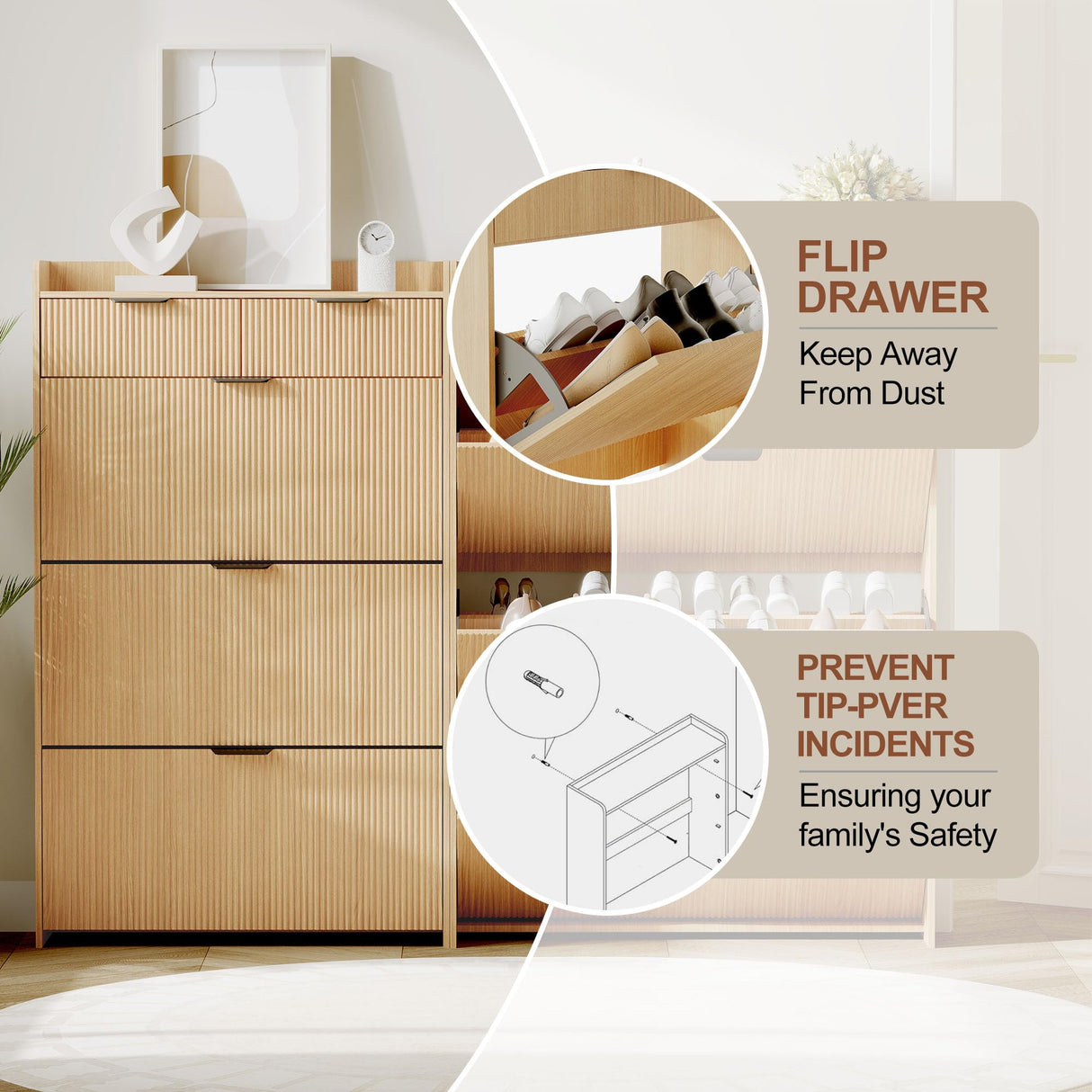 IDEALHOUSE Modern Natural Shoe Cabinet with 3 Flip Drawers & 2 Small Drawers & Hook, Slim Fluted Shoe Storage Organizer, Narrow Entryway Cabinet for Apartment, Hallway, Entrance IDEALHOUSE