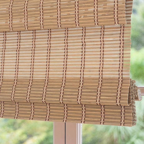 Sunbox Cordless Bamboo Roman Shade Blind, Woven Wood Roman Shades, Light Filtering Natural Bamboo Shades for Windows, French Doors, 33" W x 48" H, Caramel Brown Sunbox