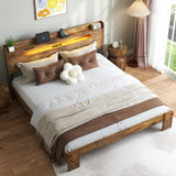 Kiivakii King Bed Frame with Storage Headboard, King Platform Bed Frame with LED Light and Charging Station, Durable Frame, No Noise, No Box Spring Needed, Dark Brown Kiivakii