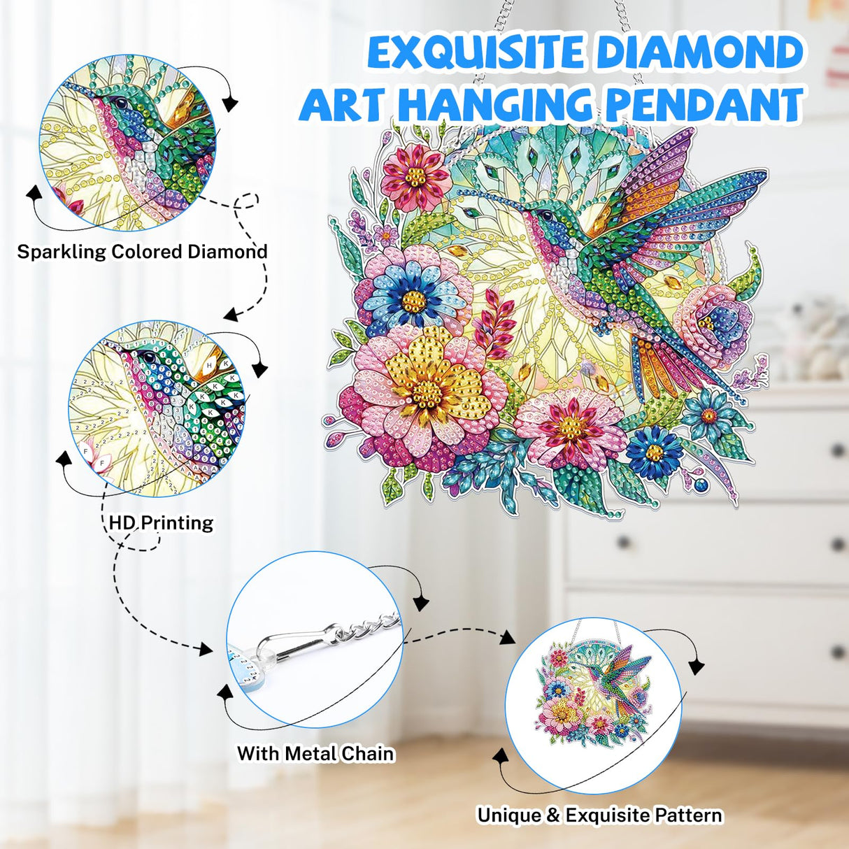 Bowetile Bird Diamond Art Hanging Kits for Adults Kids, 5D Special Shape Diamond Painting Flowers Pendant Kits, Animal Gem Art Suncatchers Painting Ornament for Home Garden Wall Decor Bowetile