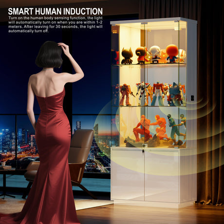 HNEBC 71'' Display Cabinet with Glass Doors&3 Color Lights&Lockable for Bedroom White,High Gloss Curio Cabinet with Adjustable Glass Shelf 3-Tier Bookcase for Living Room HNEBC