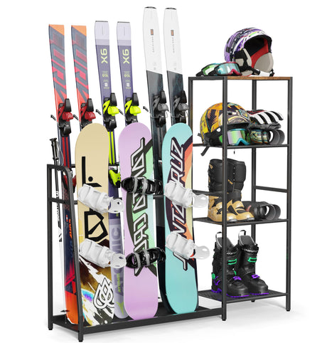 Freestanding Snowboard Rack - 4 Pair Ski, 3 Pack Snowboard, Boot, Pole, Goggles, Helmet Rack for Garage, Shed, Basement Lurgno