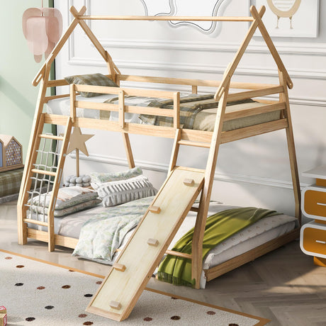 Merax Twin Over Queen Solid Wood Bunk Bed with Climbing Ramp and Nets for Kids and Teens - Natural Finish Merax