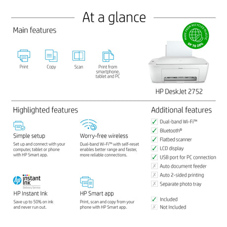 HP DeskJet 2752 All-in-One Color Inkjet Printer Scanner and Copy with Mobile Printing, Wireless Printers for Home and Office, Instant Ink Ready, Dual-Band WiFi, 8RK11A (Renewed) HP