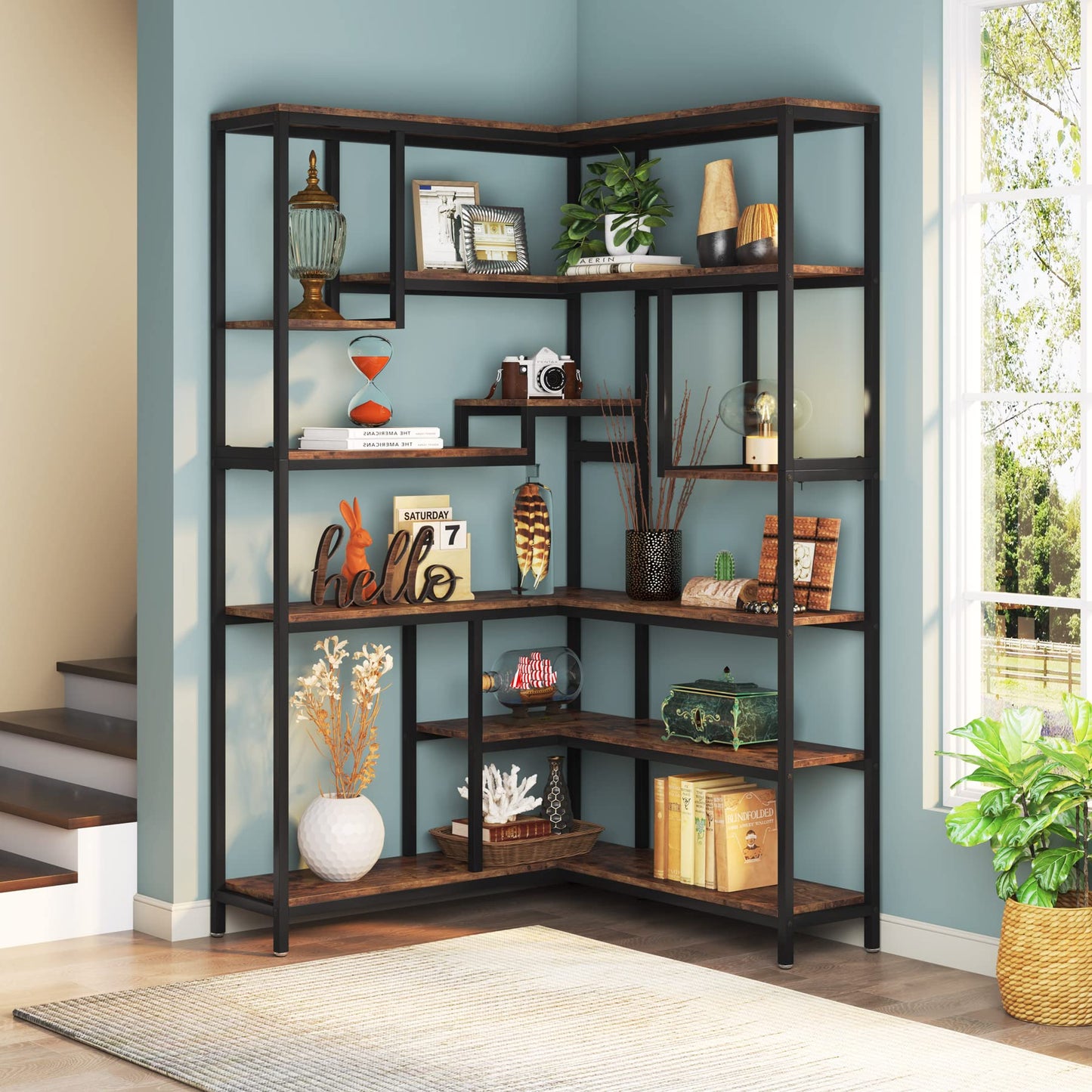 Tribesigns Rustic Brown 6-Tier Corner Bookshelf with Metal Frame - WoodArtSupply