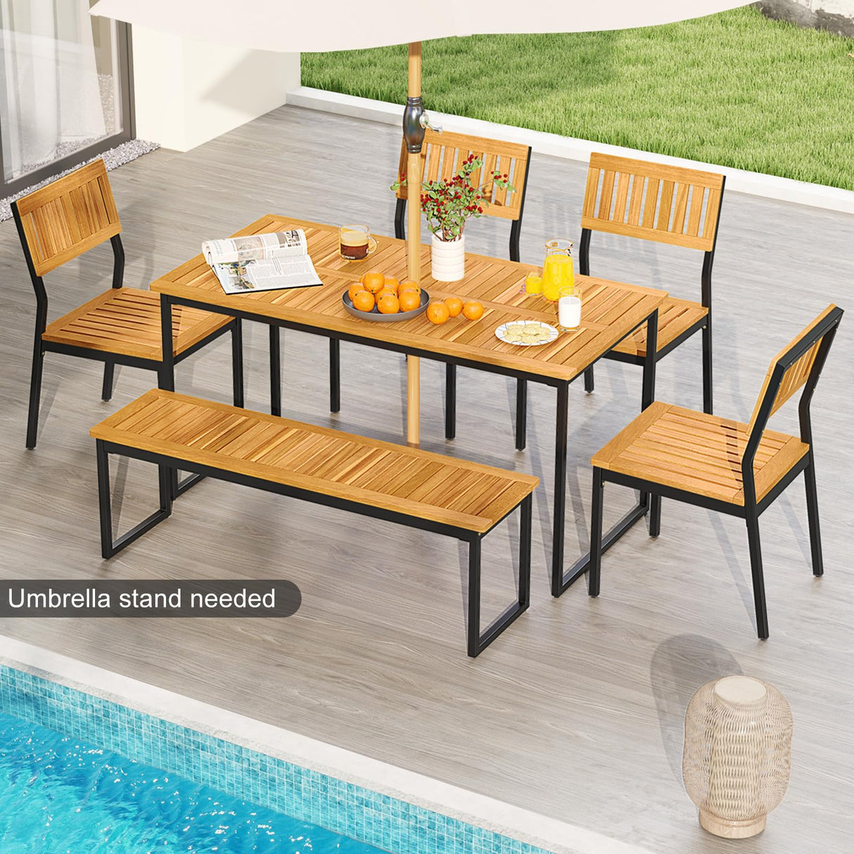 Tangkula 6 Pieces Outdoor Acacia Wood Dining Set, Patio Table and Chairs Set with Bench and 2” Umbrella Hole, Outdoor Patio Dining Furniture Set for Lawn, Garden, Poolside, Backyard Tangkula