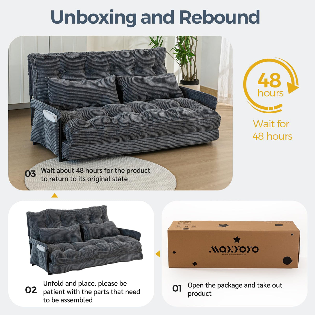 MAXYOYO Adjustable Floor Sofa Couch with 2 Pillows, Multi-Functional Bean Bag Bed, 5-Position Foldable Lazy Sofa Sleeper Bed with Armrest, Versatile Floor Seating for Reading, Dark Grey, Double MAXYOYO