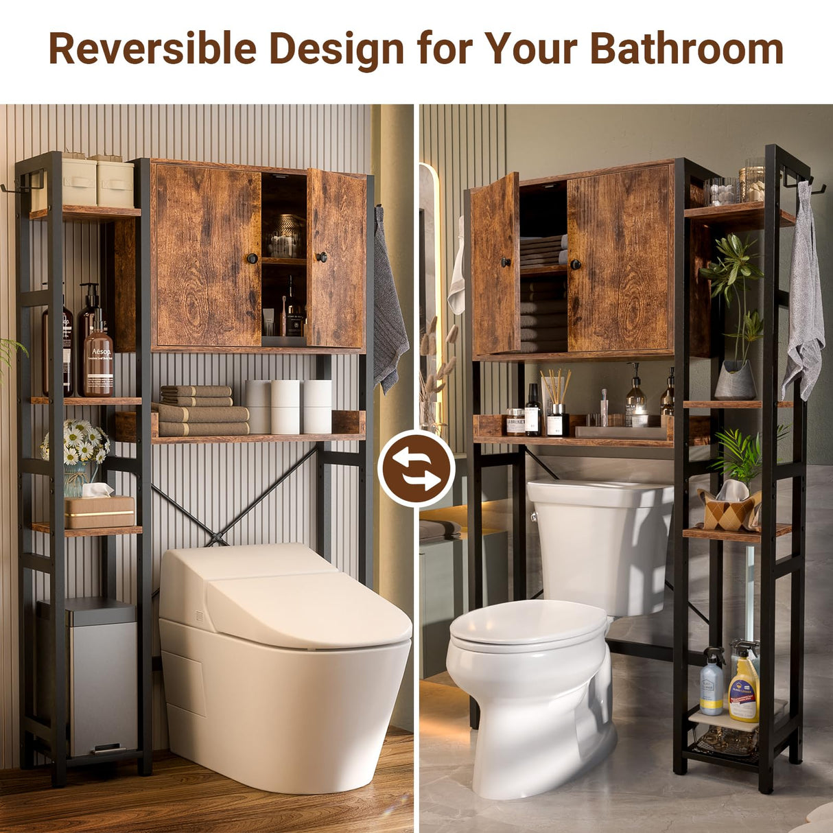 Over The Toilet Storage Cabinet with Doors - 7 Tier Bathroom Organizer with Adjustable Shelf, Freestanding Space Saver Rack Above Toilet Stand with 4 Hooks for Bathroom, Restroom, Laundry, Rustic Besiost