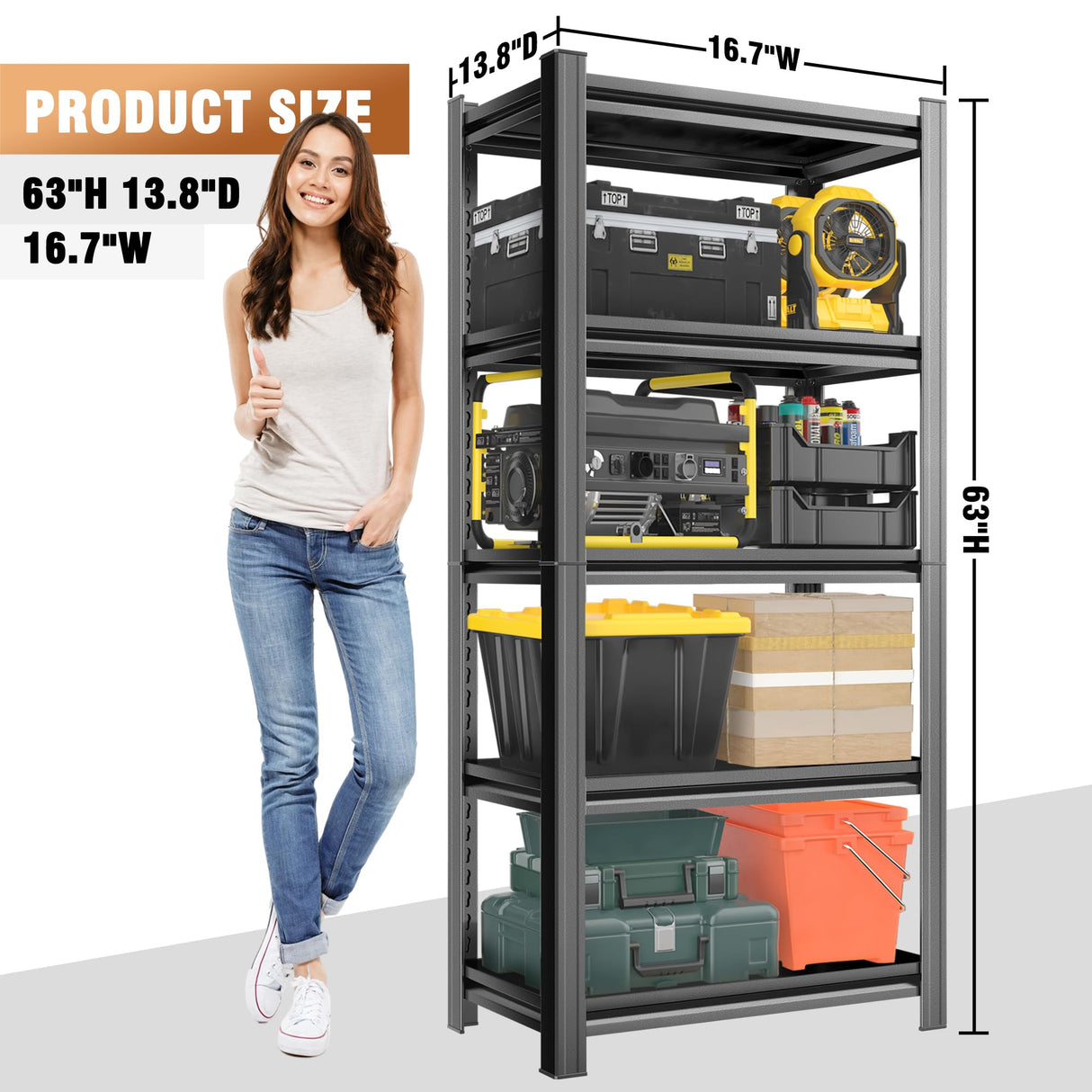 SFTORMAS Metal Garage Shelving Unit, Heavy Duty Adjustable Storage Rack, Steel Shelving, Industrial Shelves for Heavy Tools and Equipment, Ideal for Garage, Basement (5-Tier 63" Hx17 Wx14 D) SFTORMAS