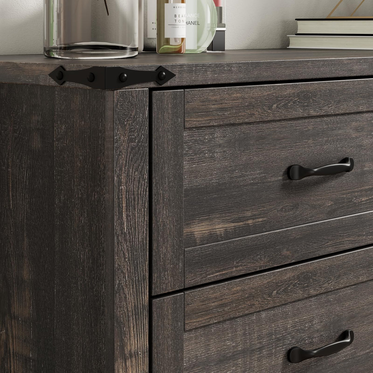 Farmhouse 6 Drawer Dresser for Bedroom, Wood Dresser Chest of Drawers, Wide Dressers Organizer with Metal Handles, Natural Texture Storage Cabinet for Closet, Living Room, Hallway (Dark Rustic Oak) Gyfimoie