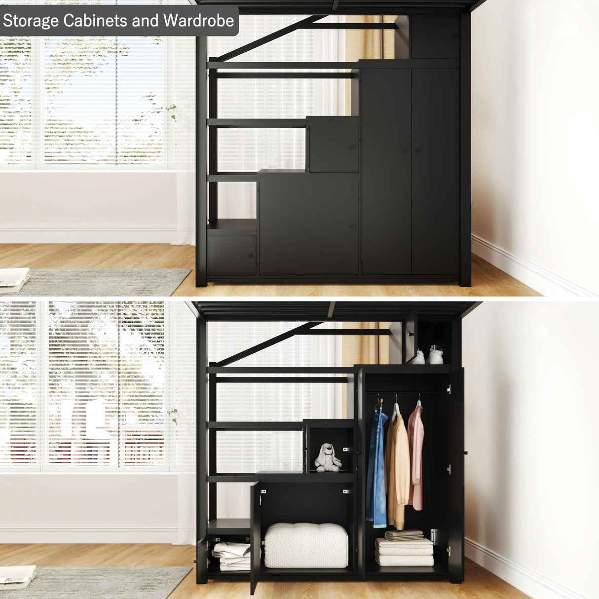 SOFTSEA Full Size Loft Bed with Storage Stairs, Full Metal Loft Bed with Wardrobe, Shelves, Cabinets and Wardrobe for Adults, Stairway Loft Bed Heavy Duty with Storage Steps for Kids Teens, Black SOFTSEA
