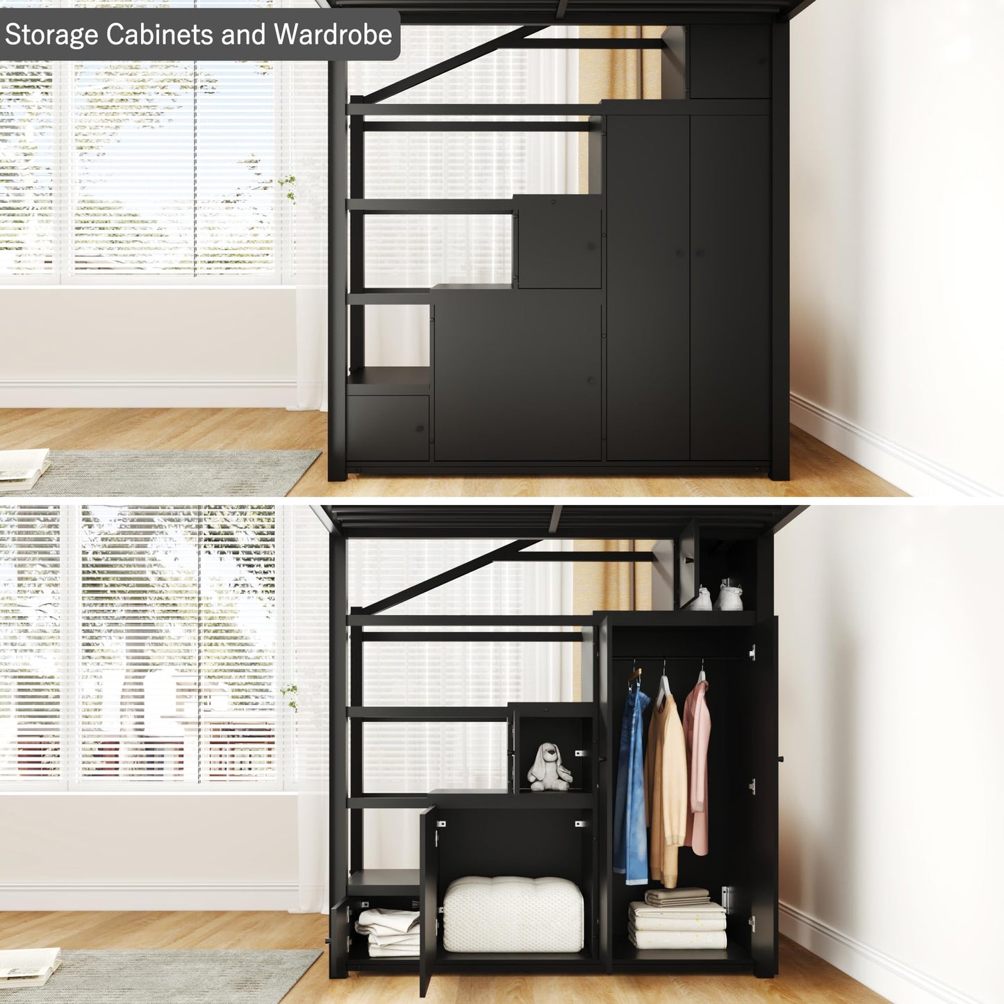 SOFTSEA Full Size Loft Bed with Storage Stairs, Full Metal Loft Bed with Wardrobe, Shelves, Cabinets and Wardrobe for Adults, Stairway Loft Bed Heavy Duty with Storage Steps for Kids Teens, Black