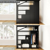 SOFTSEA Full Size Loft Bed with Storage Stairs, Full Metal Loft Bed with Wardrobe, Shelves, Cabinets and Wardrobe for Adults, Stairway Loft Bed Heavy Duty with Storage Steps for Kids Teens, Black SOFTSEA