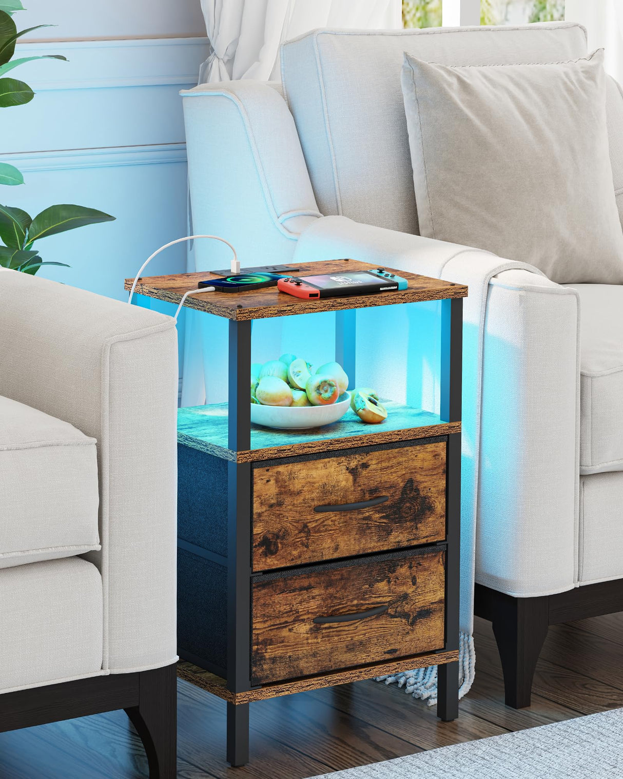 TUTOTAK LED End Table with Charging Station, Nightstand with Cloth Drawer, Side Table with Outlets, Set of 2, Couch Table, Brown TB01BB068 TUTOTAK