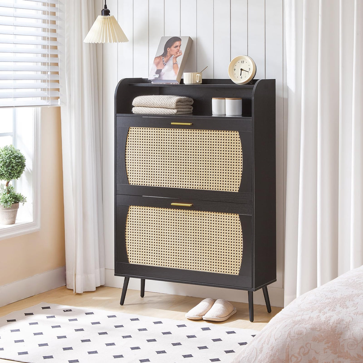 HOOBRO Rattan Shoe Storage Cabinet, Shoe Cabinet Storage for Entryway, Shoe Organizer with 2 Flip Drawers, Narrow Shoe Cabinet with Adjustable Shelves for Hallway, Living Room, Black BN80SC01 HOOBRO