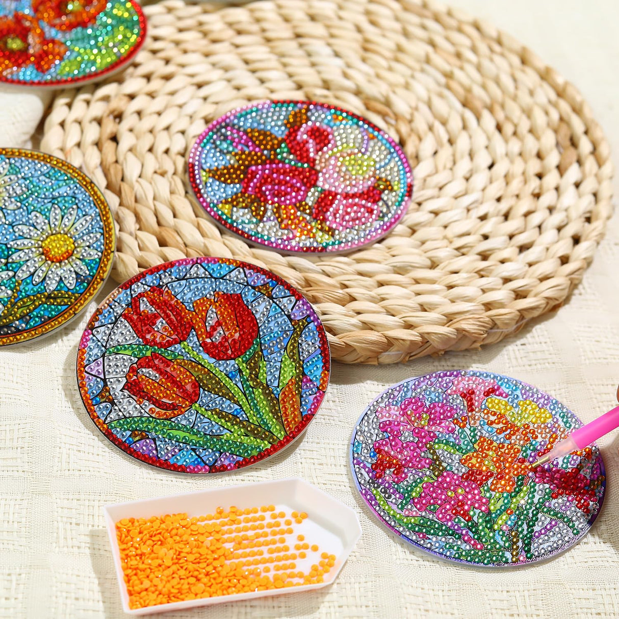 8 PCS Flowers Diamond Art Coasters Kits, Diamond Painting Coasters with Holder Set of 8, DIY Drink Coasters Art Crafts Supplies for Adults Cup Mat for Home Decor House Warming Gifts Non-Slip 3.9inch FOXKISS