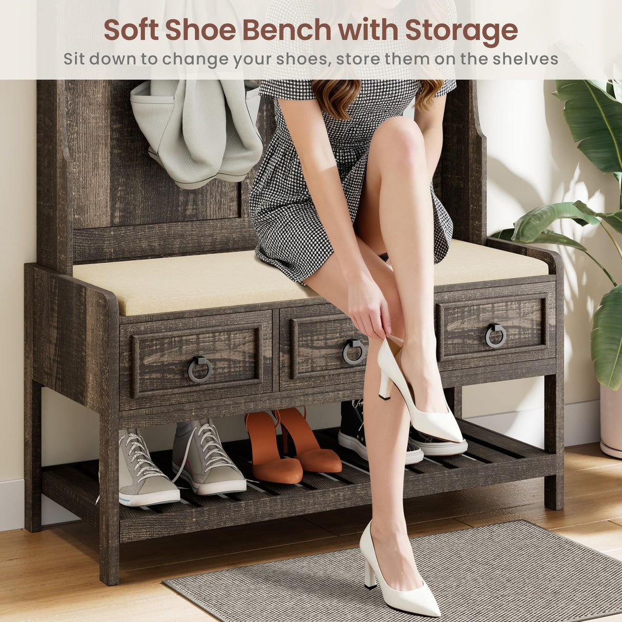 MDGC Farmhouse Hall Tree with Cushioned Bench and Shoe Storage for Mudroom, Hallway, Living Room,4-in-1 Entryway Bench with LED Lights,Motion Sensor,Coat Rack and 3 Drawers,Dark Rustic Oak MDGC