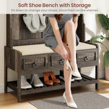 MDGC Farmhouse Hall Tree with Cushioned Bench and Shoe Storage for Mudroom, Hallway, Living Room,4-in-1 Entryway Bench with LED Lights,Motion Sensor,Coat Rack and 3 Drawers,Dark Rustic Oak MDGC