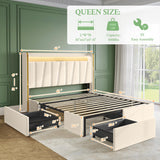 koorlian Queen Bed Frame with 4 Dustproof Drawers and 2-Tier Storage Headboard, 51”Tall Upholstered Platform Bed Frame with Adjustable Headboard, Charging Station, LED Lights, Easy Assembly, Beige koorlian