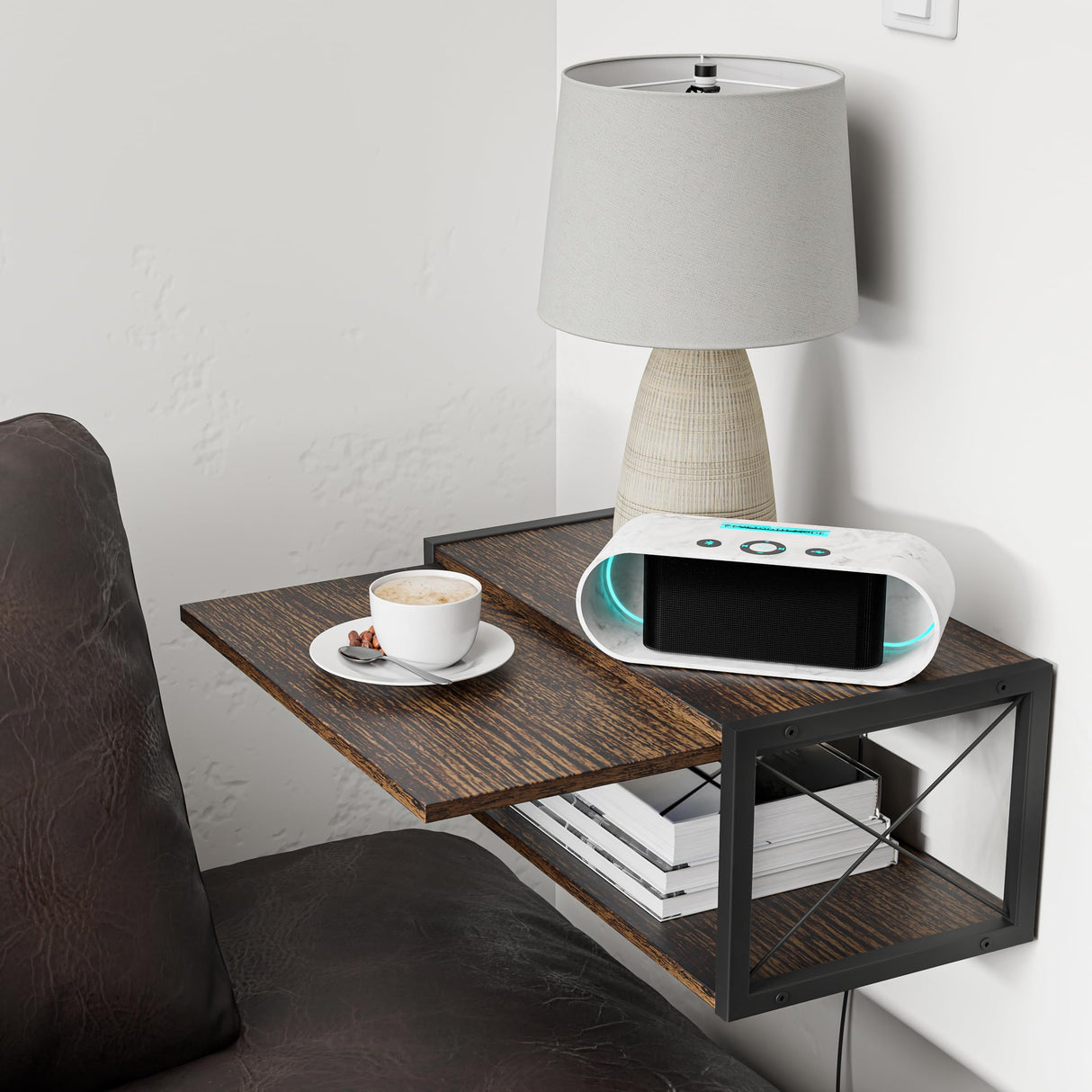 2-Tier Floating Nightstand, Wall Mounted Bedside Table, Wood Bedside Shelf Wall Mounted Nightstand, Floating Bedside Table Wall Shelf for Bedroom, Living Room, Kitchen, Office, Rustic Brown FNBAR