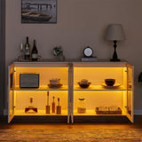 AMERLIFE Sideboard Buffet Cabinet, Mixed Color Accent Cabinet with LED Lights, Modern Glass Doors Storage Cabinet with Adjustable Shelf, Console Table for Dining, Living Room, White and Grey AMERLIFE