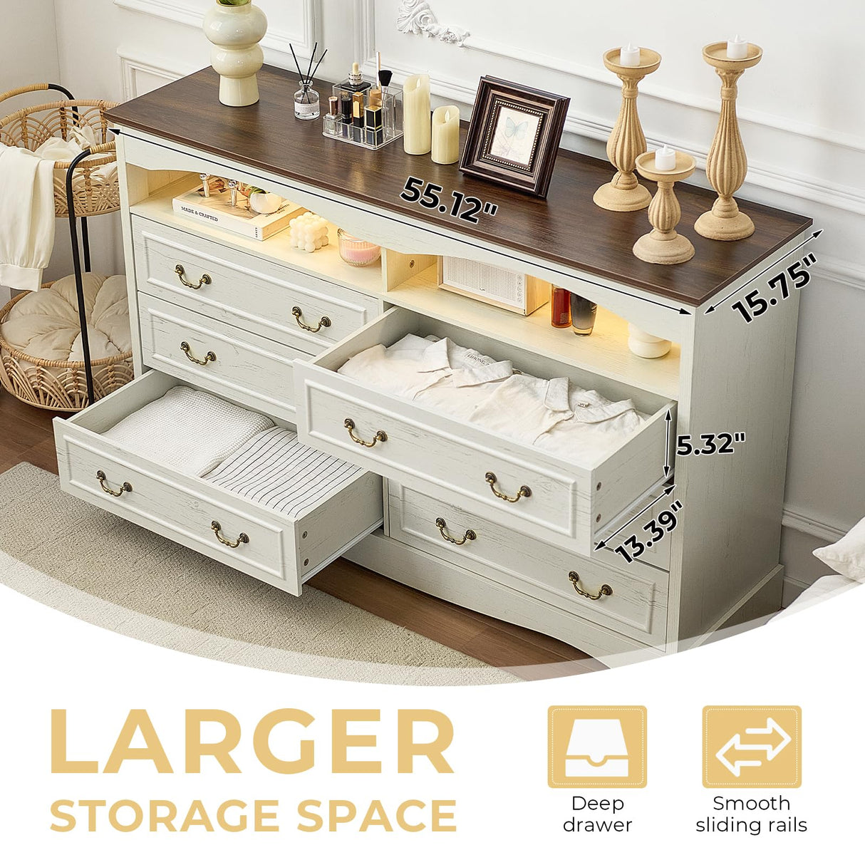 JanflyHome Vintage 6 Dresser for Bedroom, Farmhouse 6 Drawers Dresser with Open Shelves and LED Lights, 55" Wide Wood Rustic Chest of Drawers for Living Room, Hallway, Antique White JanflyHome