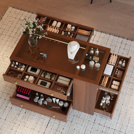 47.3" Closet Island with 6 Drawers Table, Wardrobe Armoire Island with Glass Display Top and Open Shelves, Jewelry Storage Vanity Island with compartments, Walk-in Closet Island for Cloakroom,Walnut JIJIWANG